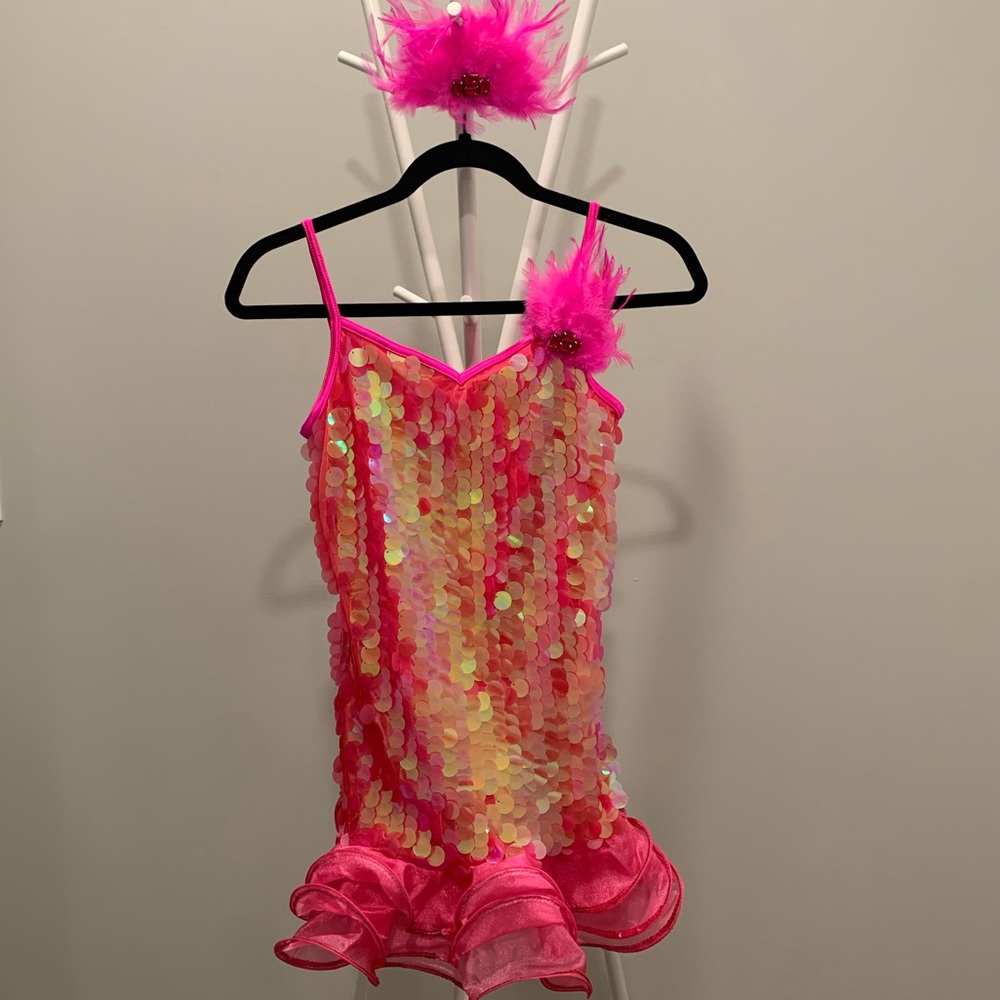 Pink large sequin kids costume dress with feather hair clip